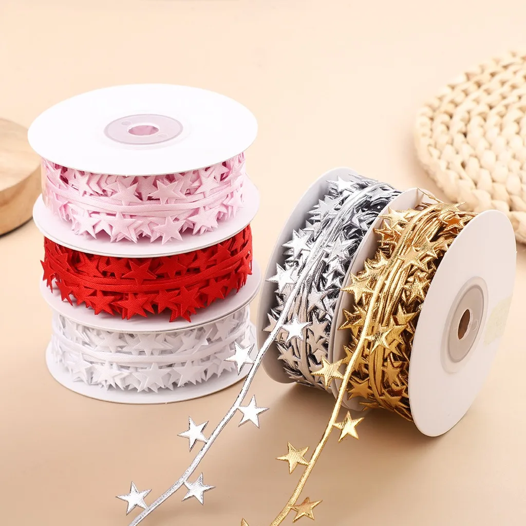 10 Yards per Roll 2.5cm Five-pointed Star Decorative Ribbon for New Year Gift Wrapping Christmas DIY Crafts Accessories