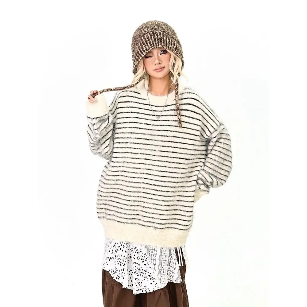 

Soft Cozy round Ne Sweater ex Autumn Winter Vintage Striped Knitted irt Casual Versatile Brand for Couples