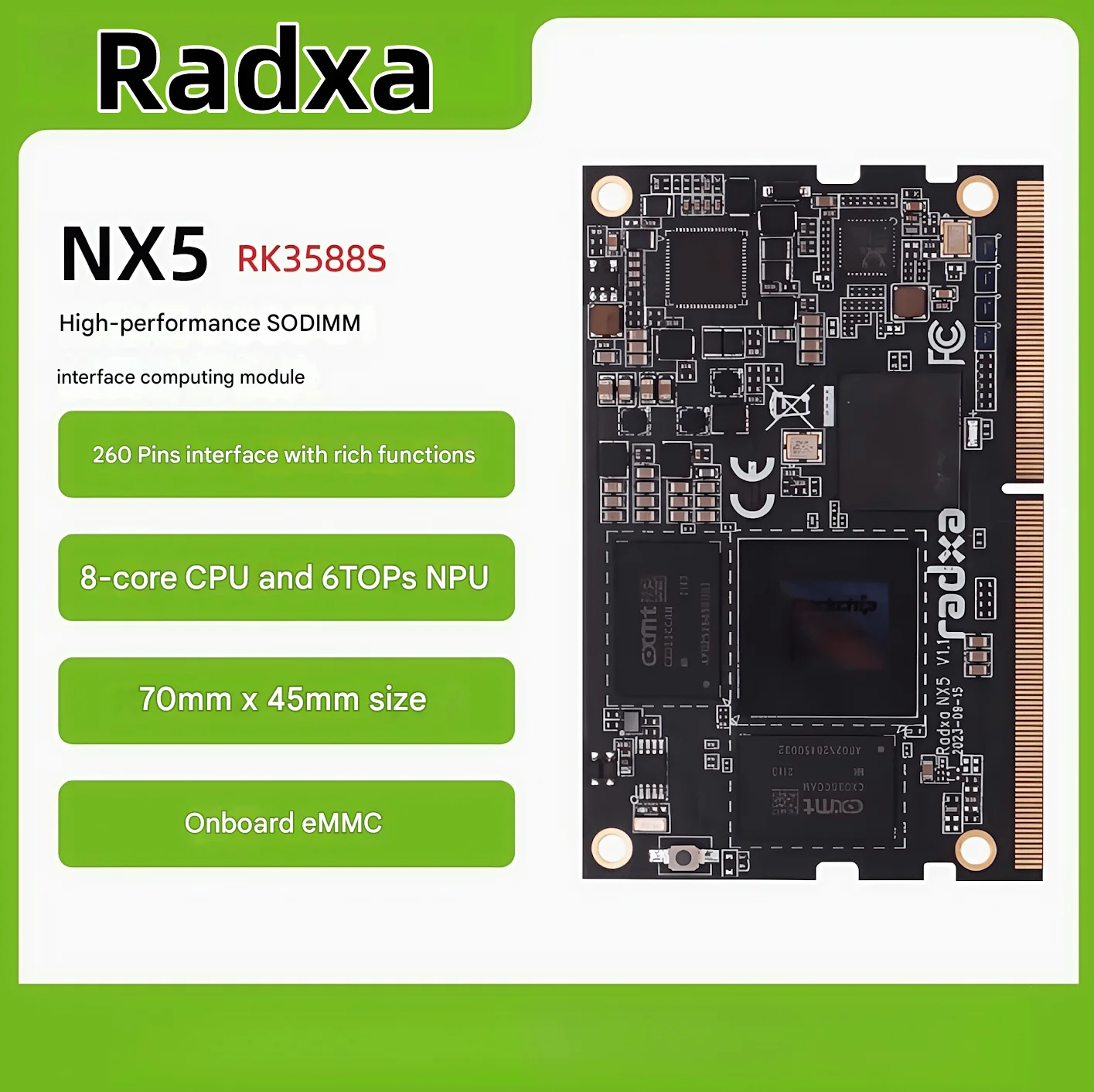

Radxa NX5 RK3588S 8-core CPU Compute Module, 8K HDMI and 260-Pin SODIMM Golden Finger Edge Connector, Single Board Computer