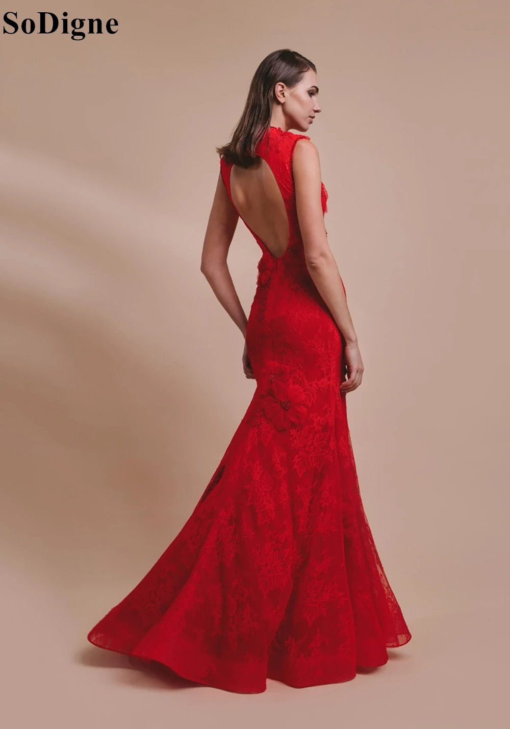 SoDigne Elegant Red Evening Dresses High Neck Sleeveless Mermaid Floral Appliques Backless Party Dress 2024 Sexy Prom Gowns