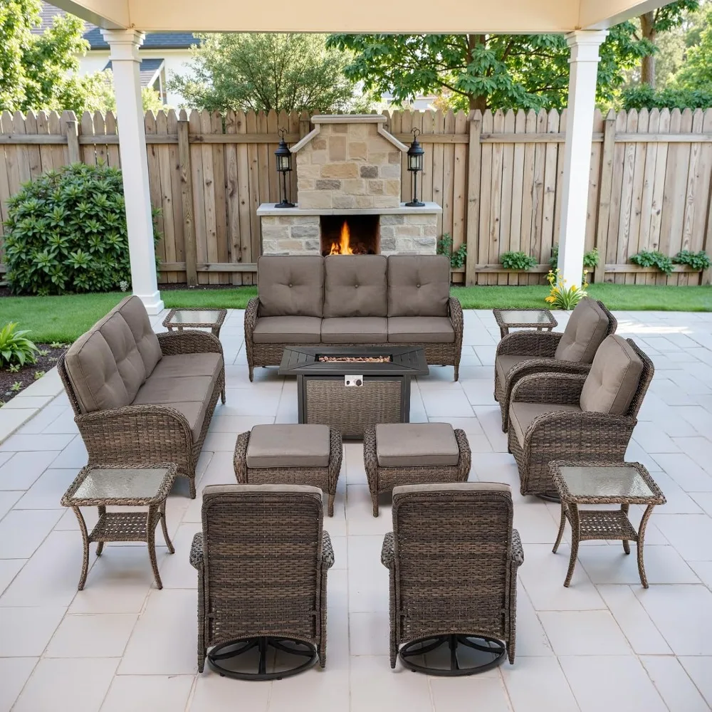 13 Pieces Outdoor Patio Furniture Set with 4 Swivel Glider Chairs and 50000 BTU Propane Fire Pit Table, Patio Conversation Set