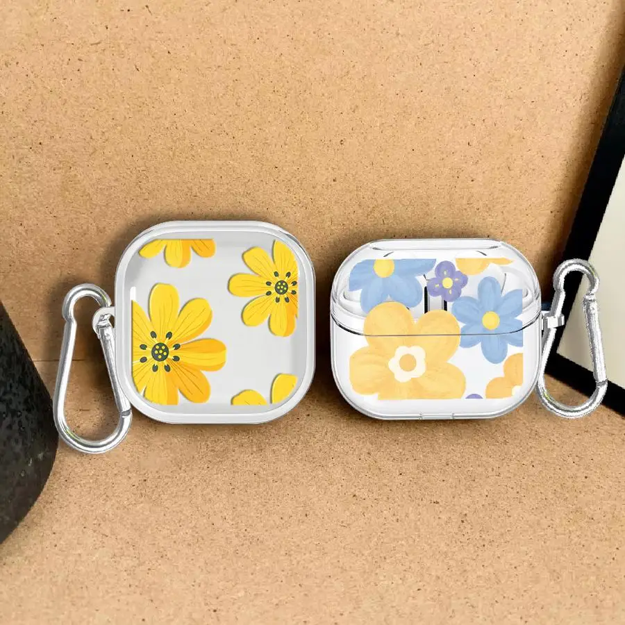 Case For Samsung Galaxy Buds Live 4 Pro 3 FE 2 3Pro 4Pro Clear Earphone Cases Cover Blue Yellow Flowers