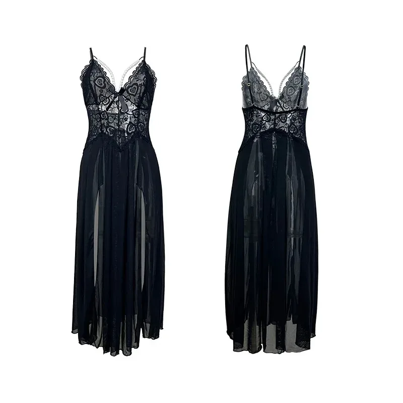 V-Neck Pearl Lace Patchwork Sleep Dress for Women Double Side Split Mesh Long Nightgown Sexy Sheer Lace Trim Lounge Wear