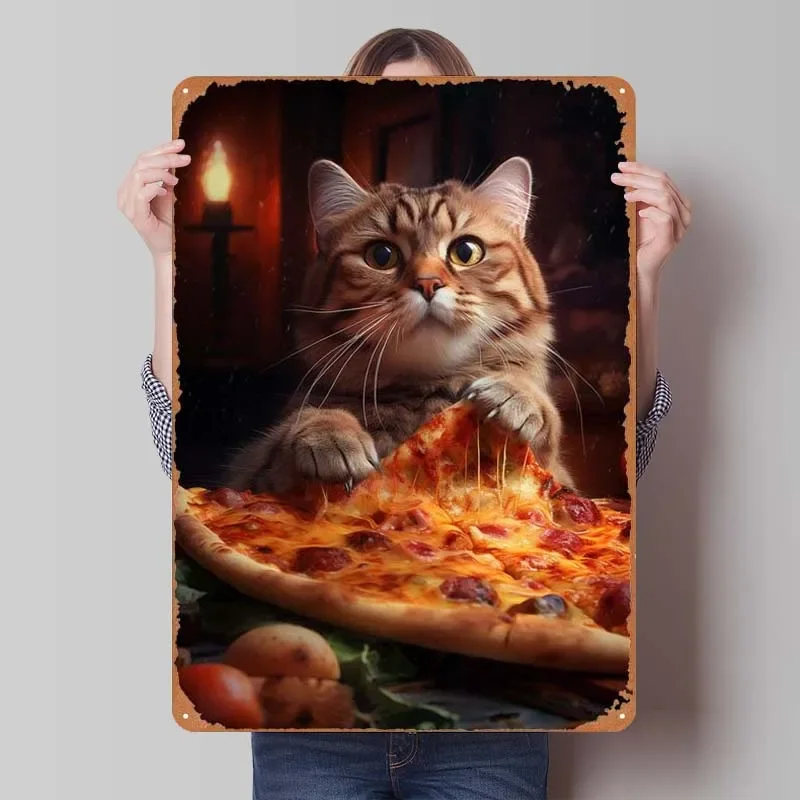 Pizza Katze rostiges Essen Metall Poster Vintage Dekor Retro Metall Zinn Zeichen für Restaurant Home Küche Wand kunst Dekoration Kaffee Bar