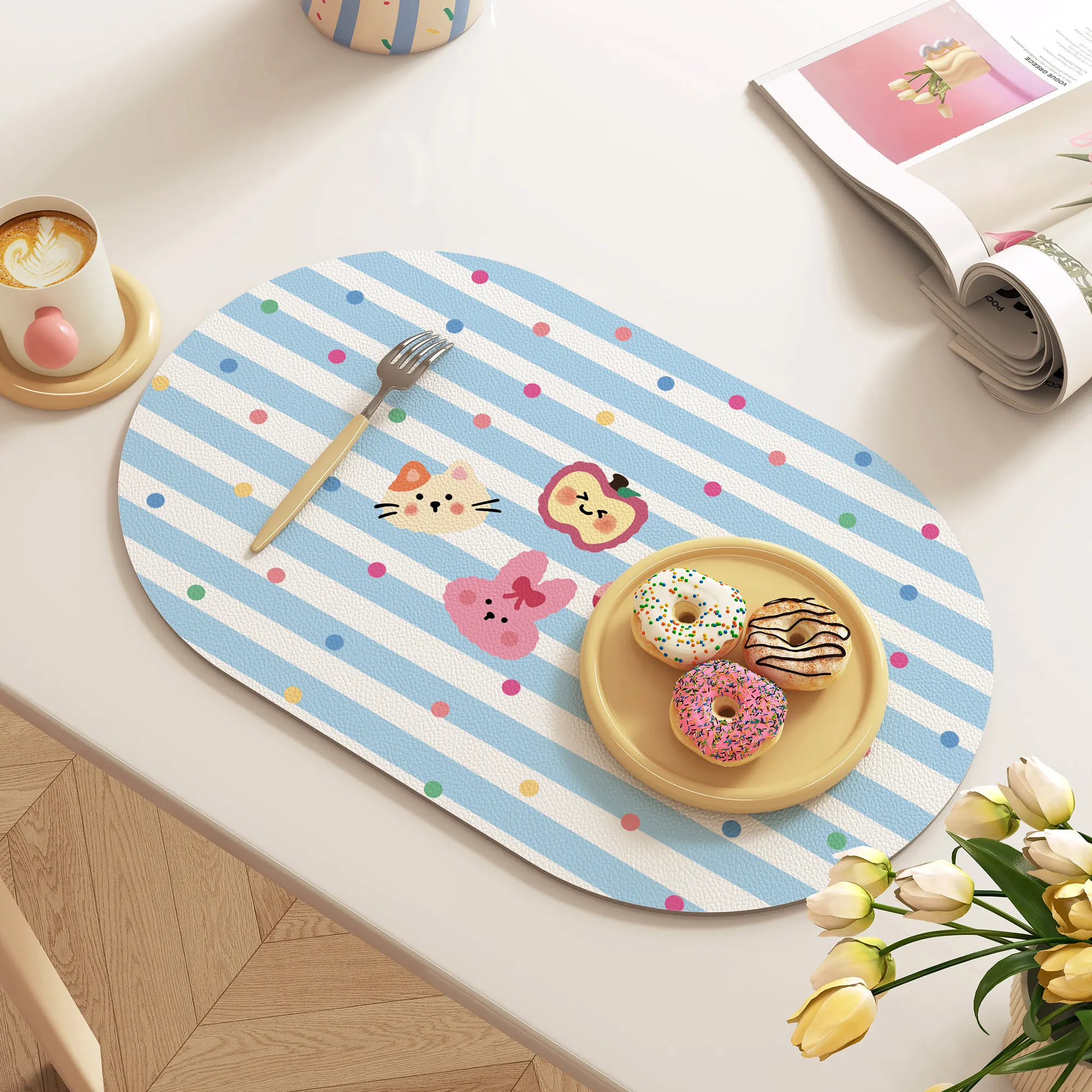 VIKAMA Cute Cat Bunny Oval Placemat Blue Stripe Colorful Dot Waterproof Heat Resistant Dining Table Decor Floor Mat Pad