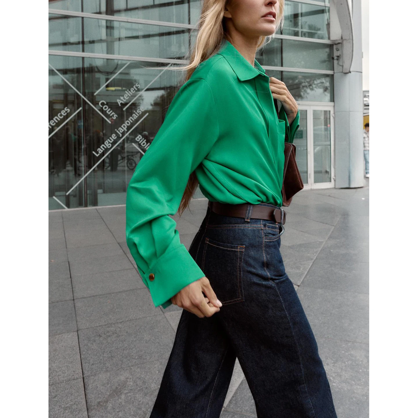 Automne hiver nouveauté femmes trajet Sle simple bouton Long Sve soie Satin ket irt haut col rabat Polyester F...