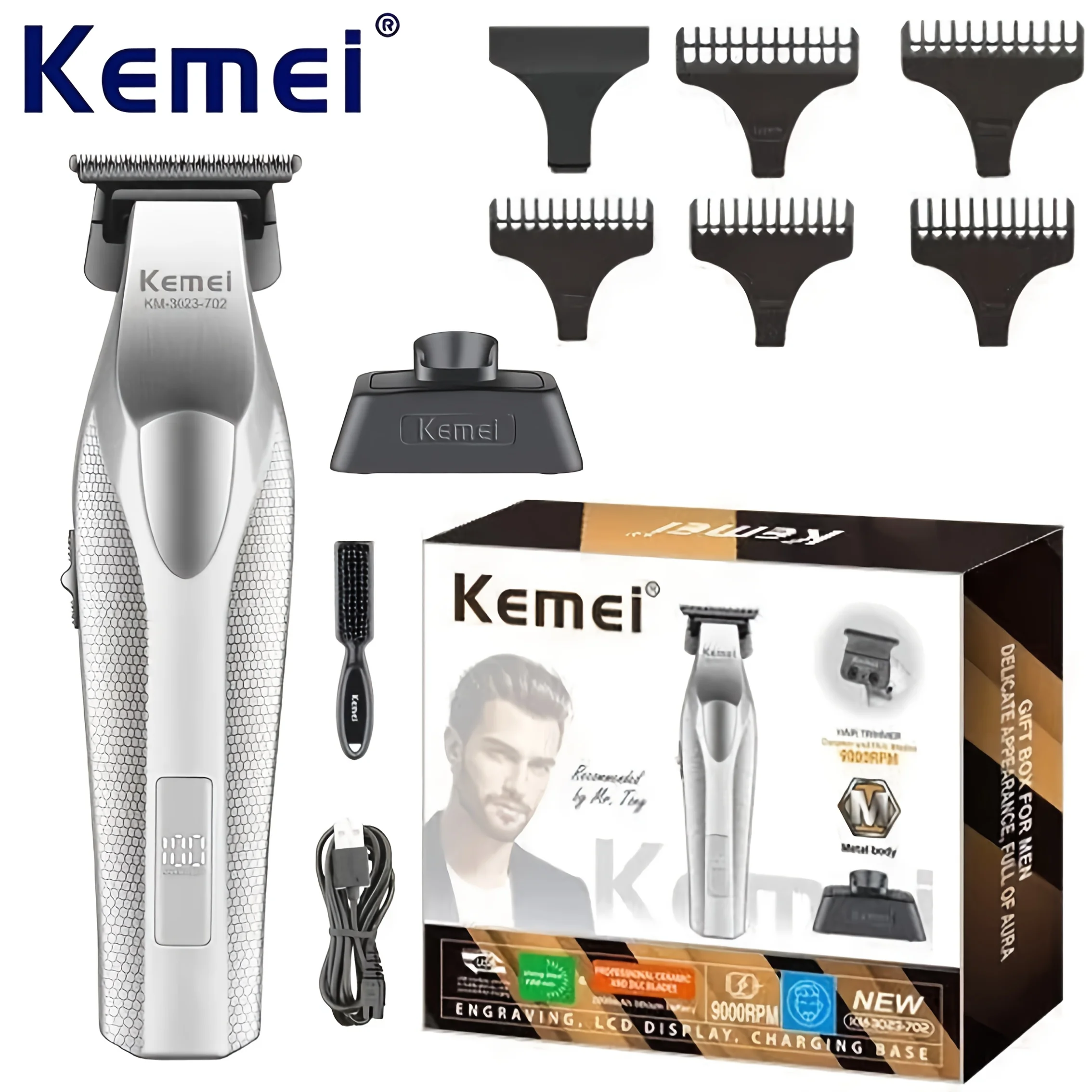 Kemei KM-3023-702 مقص النقش الكهربائي مع قاعدة عالية السرعة وعمر بطارية طويل شاشة ديجيتال ماكينة تشذيب الشعر للرجال