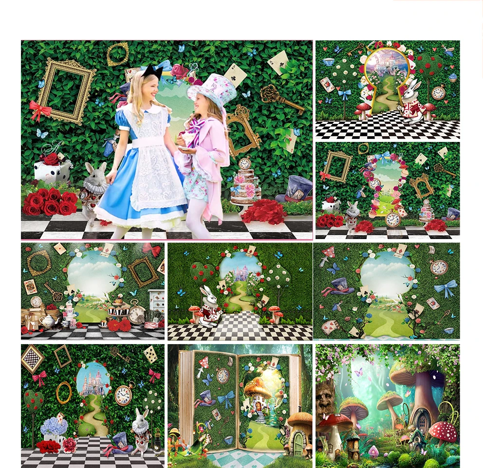 

Wonderland Backdrop Green Grass Gate Magic Hat Bunny Castle Photography Background Girls Birthday Tea Party Decoration Photoshot