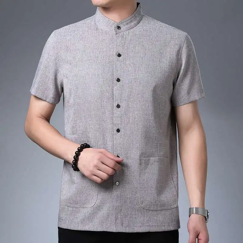 

Chinese Standup Collar Imitation Cotton Linen Shirt Men's Cleanfit Short Sleeve Thin Material Four Seasons Universal