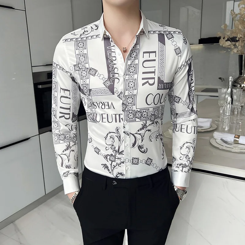 LIFENWENNA European Style Letters Printed Shirt Men New Fashion Luxury Long Sleeve Shirts Male Party NightClub Slim Fit Blouse