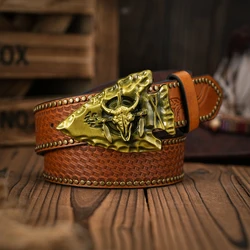 Men - Women - Western Denim - pu leather - Belt - Vintage jeans with floral carved buckle belt