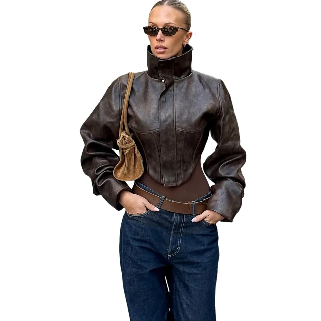 Slim Fit col haut fermeture éclair ort PU cuir Jaet femmes Faion Sexy Sle couleur vêtements d'extérieur automne hiver nouveauté