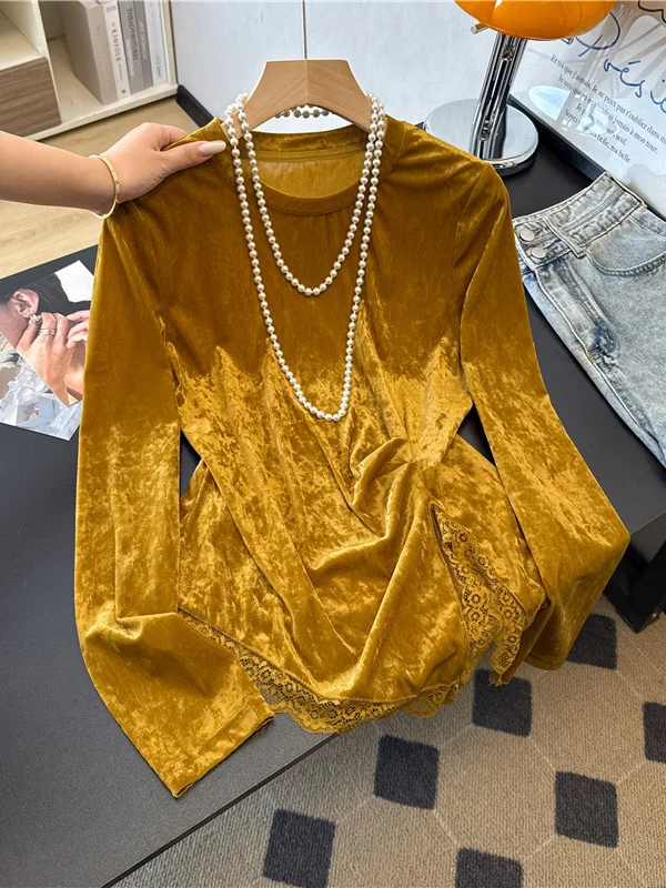 Новая китайская футболка с бархатным основанием и круглым вырезом Ne Lace Splicing, длинная футболка с разрезом на талии, женский модный топ