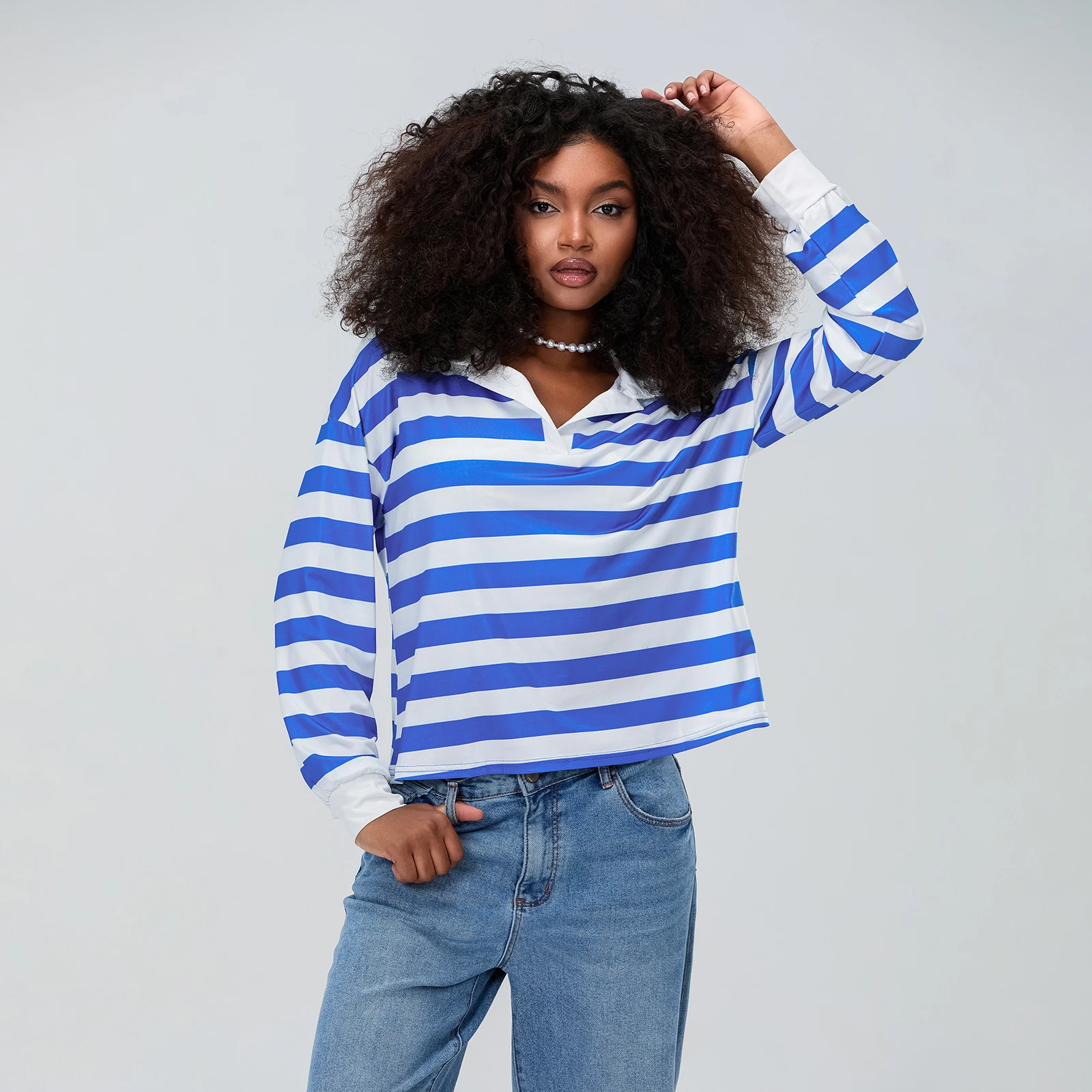 Women's Striped Print Fall Winter Tops Loose Lapel V Neck Long Sleeve Casual Loose T-shirt Streetwear