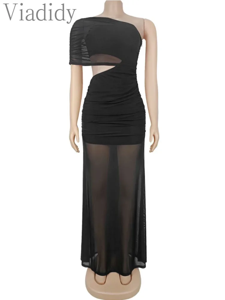 Women's Sexy See Through Sheer Mesh One Shoulder Sleeveless Hollow Out Ruched Side Slit Maxi Dress