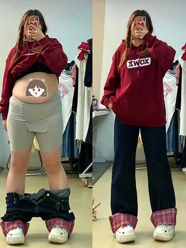 

High Waist Wide Leg Plaid Straight Jeans Women's Spring Autumn New Style Elastic Cuffed Loose Slimming Long Pants