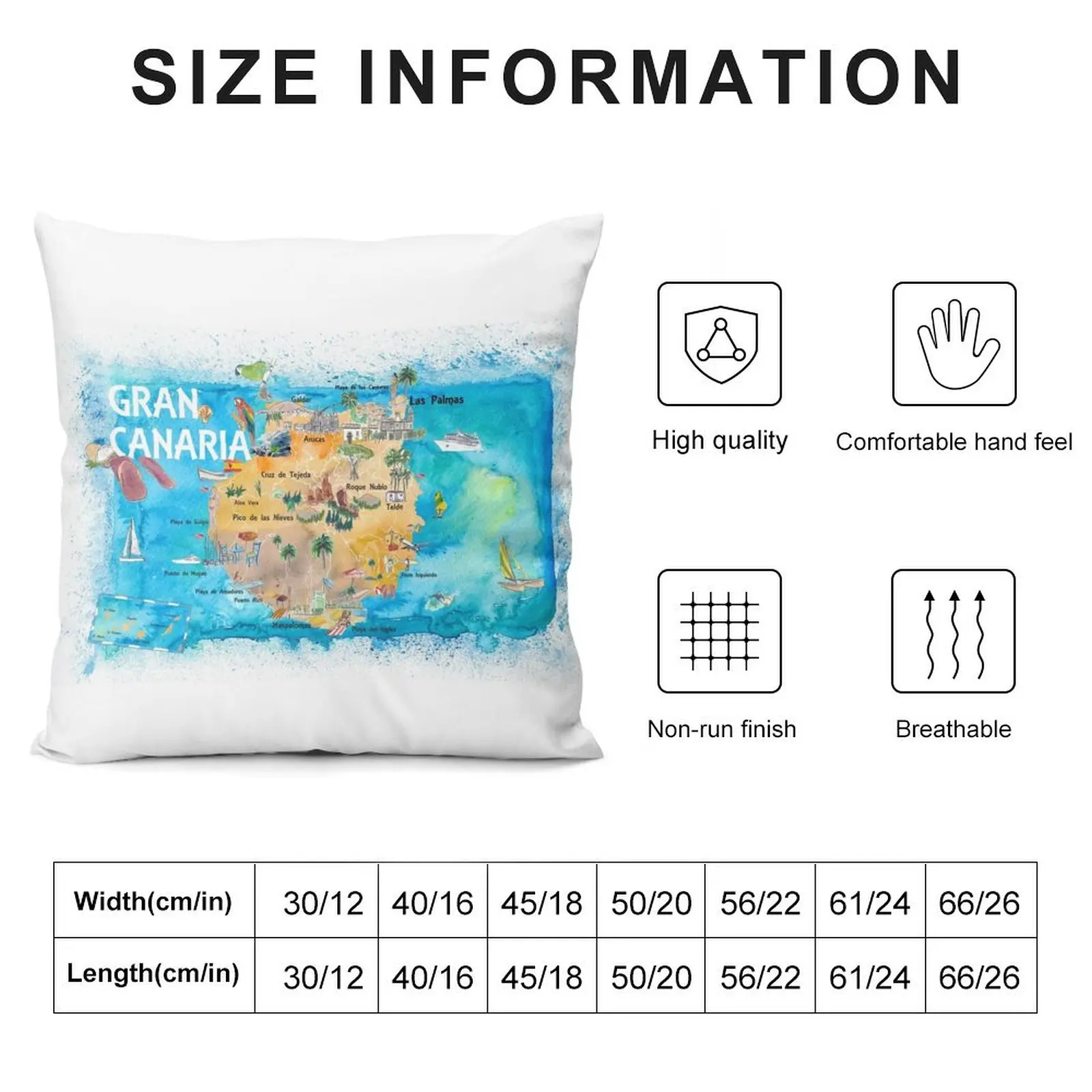 Gran Canary Canarias Spain Illustrated Map with Landmarks and Highlights Throw Pillow Custom Cushion pillow