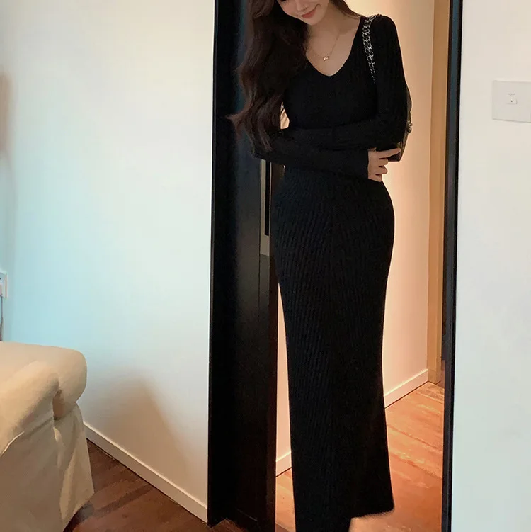 7484 French Deep V-Neck 14-Stitch Dense Non-Deforming Waist-Slimming Over-Knee Inner Long Dress