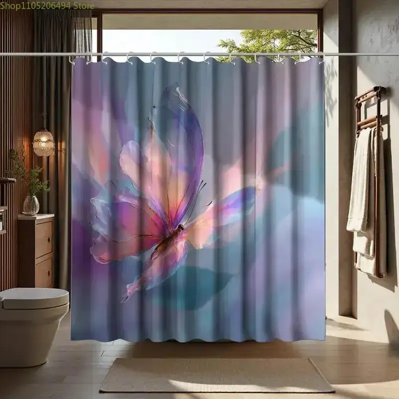 

A Bathroom Shower Curtain Featuring a Butterfly Garden Experience, Dynamic Art Festival Design, Includes 12 Hooks, Measuring 1
