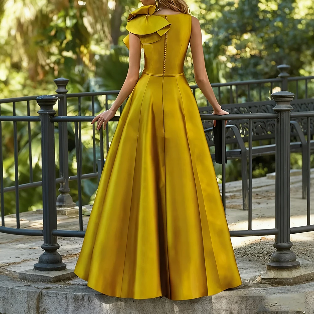 Eleganckie suknie wieczorowe Dream Gold, satynowe, do ziemi, z dekoltem w serek, bez rękawów, sukienki na studniówkę, falbaniaste suknie wieczorowe, szyte na miarę.
