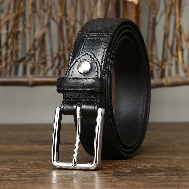 3.5CM Wide Business Youth Formal Dress Pants Belt Men's Genuine Leather Pin Buckle Embossed Crocodile Pattern Pure Cowhide Belt