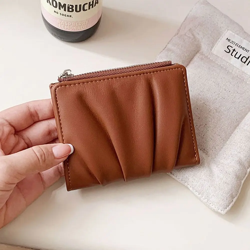 อินเทรนด์ PU หนังผู้หญิงกระเป๋าสตางค์ย่นสีทึบหญิงกระเป๋าแบบพกพากระเป๋าเหรียญ