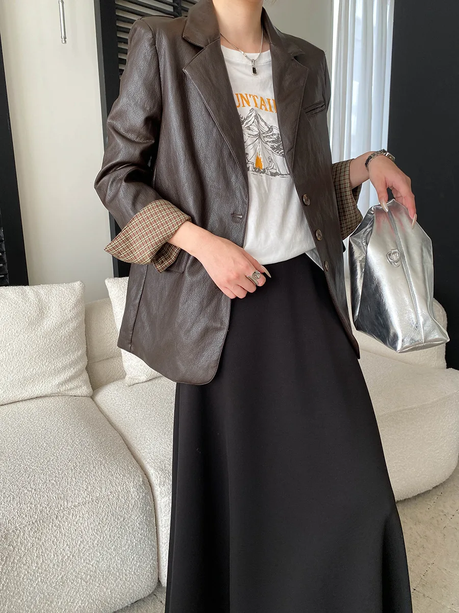 Frühling und Herbst Damen Modische Einfarbige Pendler-Jacke mit Gitterkontrast-Manschetten aus PU-Leder – Detail 22