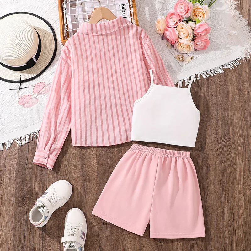 Girls' Suit Summer 2025 New Medium and Older Children's Long-sleeved Sunscreen Shirt Love Vest Shorts Three-piece Set