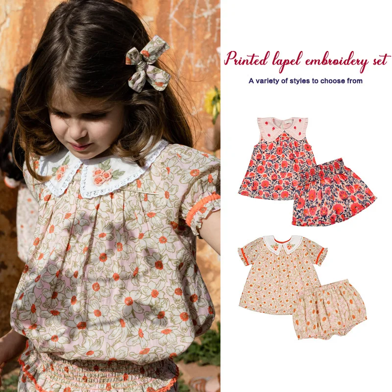 

Girls' Outfit Fall 2023 Girls Pastoral Embroidery Lapel Romper Top Shorts Two-Piece Set