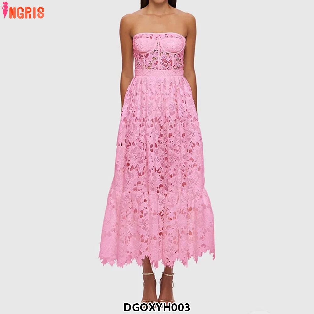 

2025 Bettergirl Spring Women's Sexy Long Hollow-out Lace Pattern Shoulderless Green Pink Dress-DGOXYH003