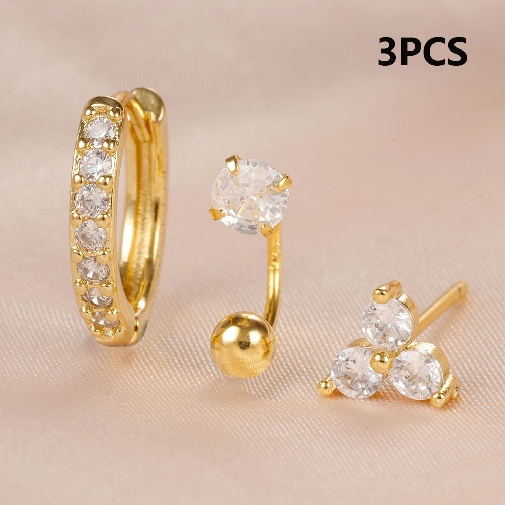 3PCS/Set Gold Color Stainless Stee Tragus Helix Stud Earrings for Women Cartilage Piercing Zircon Hoop Earring Piercing Jewelry