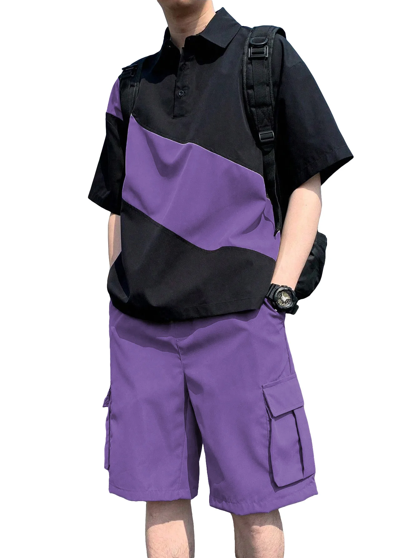 

Summer trendy brand color-blocked and spliced men's lapel short-sleeved short pants loose sporty suit with a Hong Kong style