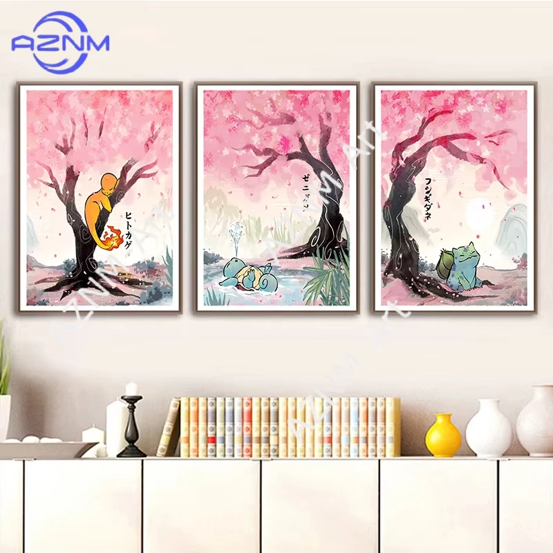 1/3 Stück Pokemon Pink Sakura Poster Pikachu Bulbasaur Squirtle Leinwand Anime Figur Wandkunst Drucke Wohnzimmer Deko