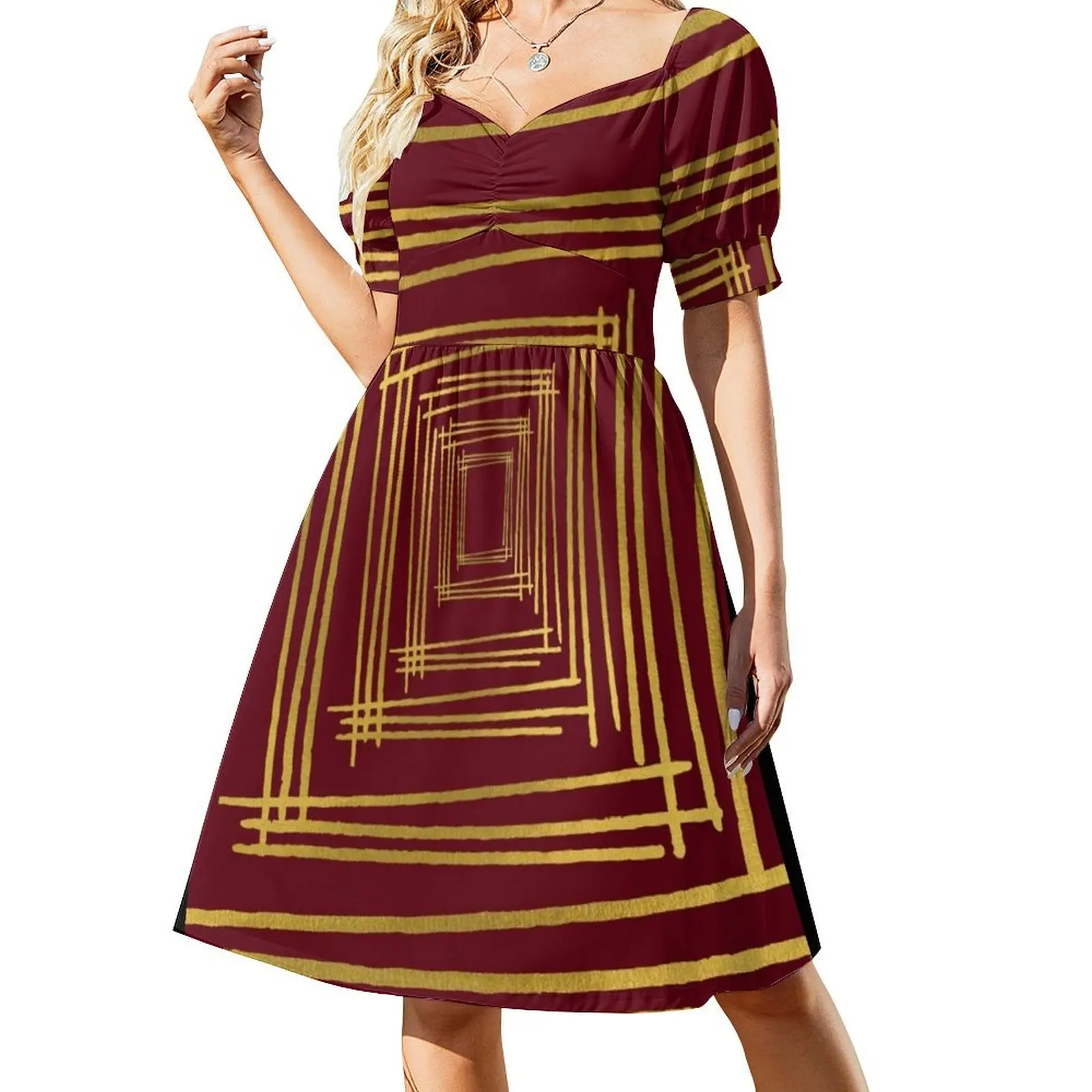 

Garnet and Gold stripes Short Sleeved Dress Women's evening dress party dresses women Dress