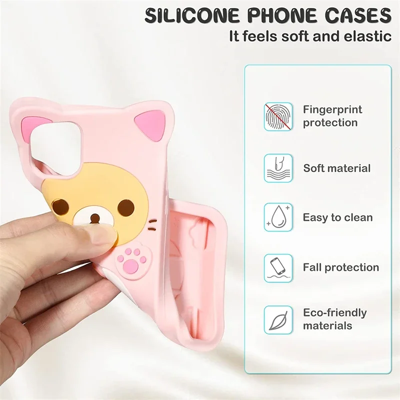 3D Cute Cartoon Pink Bear Kawaii Soft Silicone Case for IPhone 16 15 14 13 Pro Max 16Pro 15Pro 14Pro i16 Funny Women Girls Cover