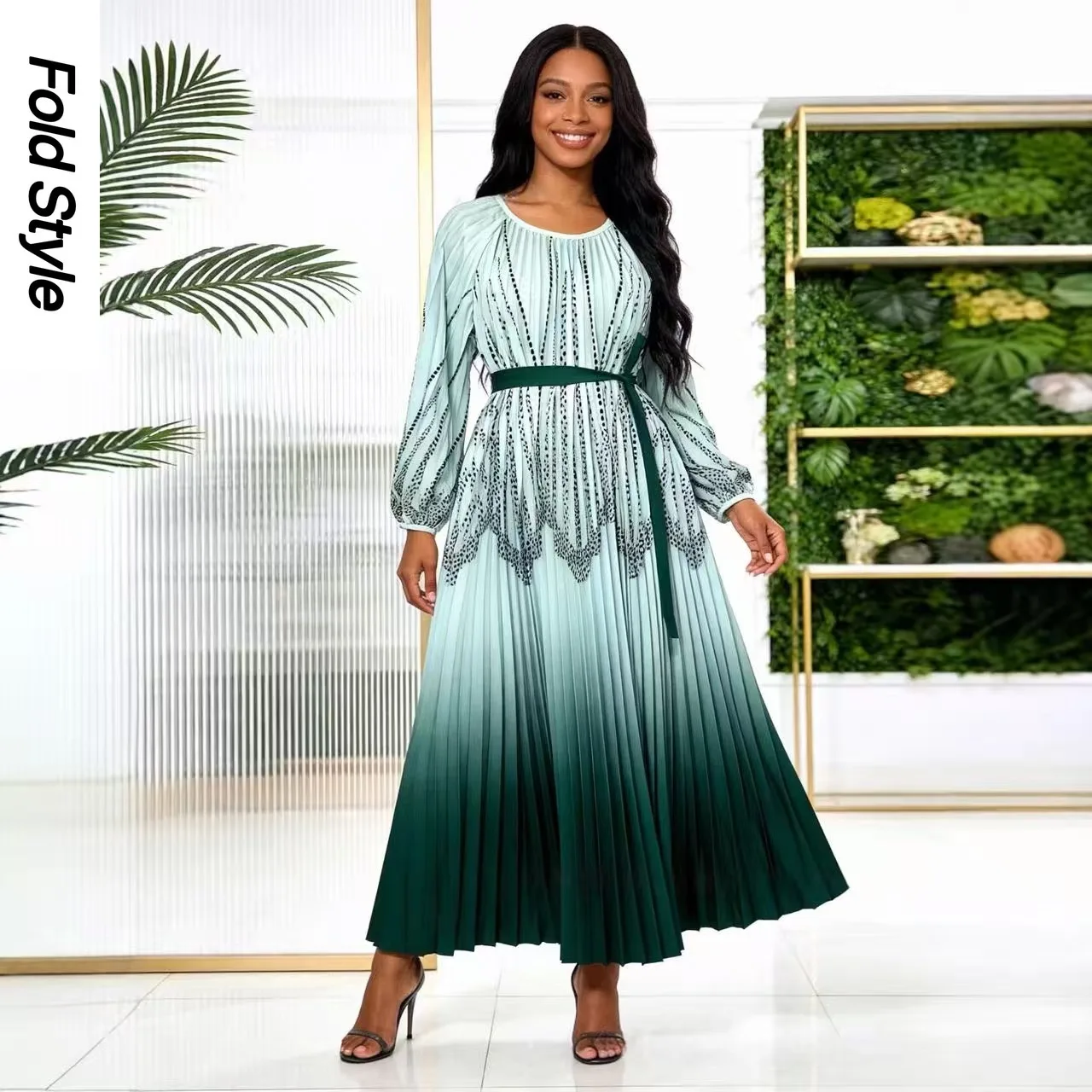 

Miyake Loose New Celebrity Temperament Waist Slimming A-line Large Swing Gradient Print Pleated Dress Women's Clothing