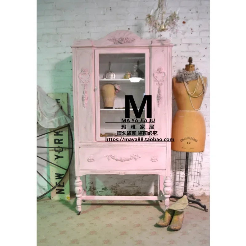 Old retro display cabinet pink French porcelain cabinet American carved solid wood dining side cabinet custom f1