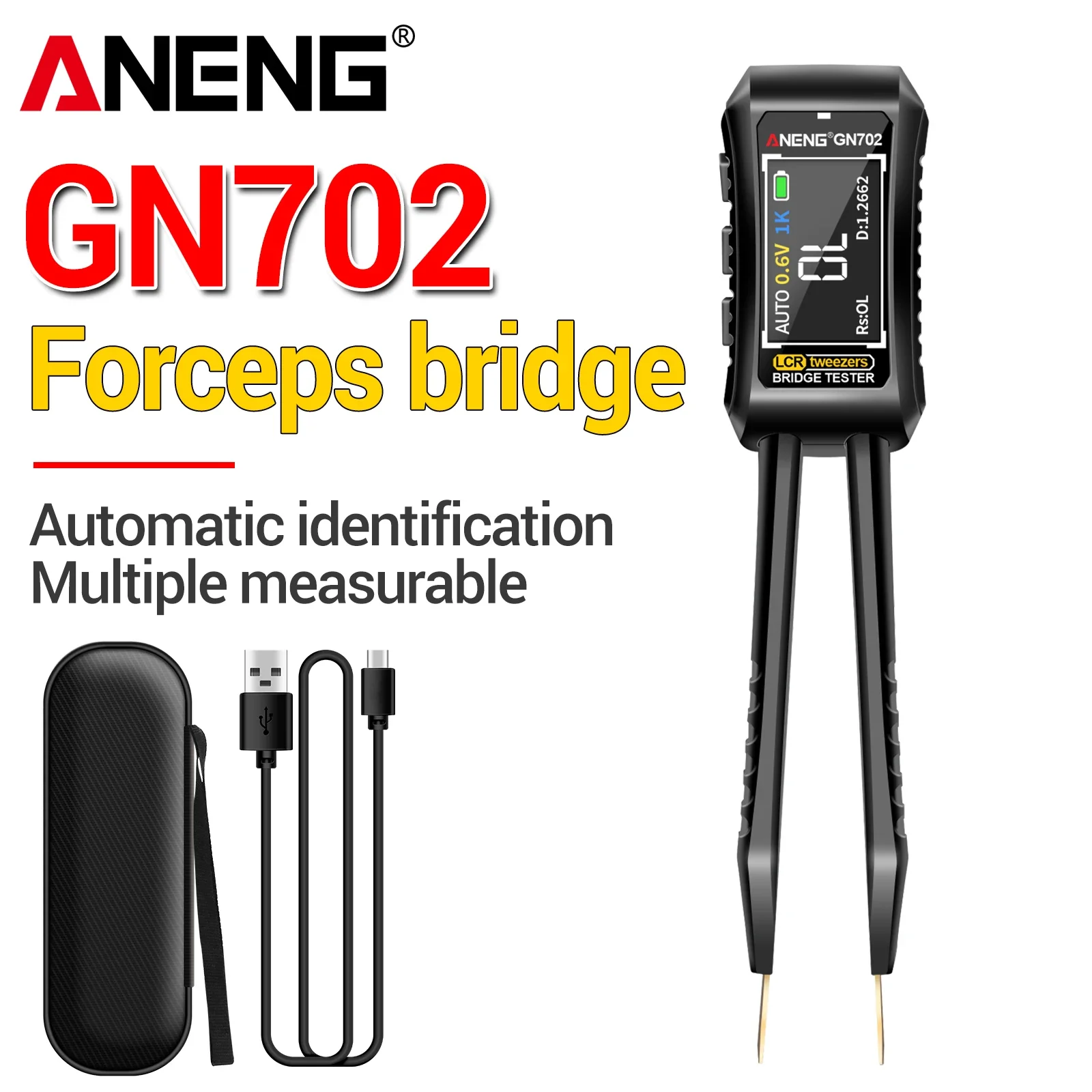ANENG GN702 Digital LCR Bridge Measure Resistance Capacitance Inductance 100Hz/1KHz/10KHz OLED Auto Range Rechargeable Tester
