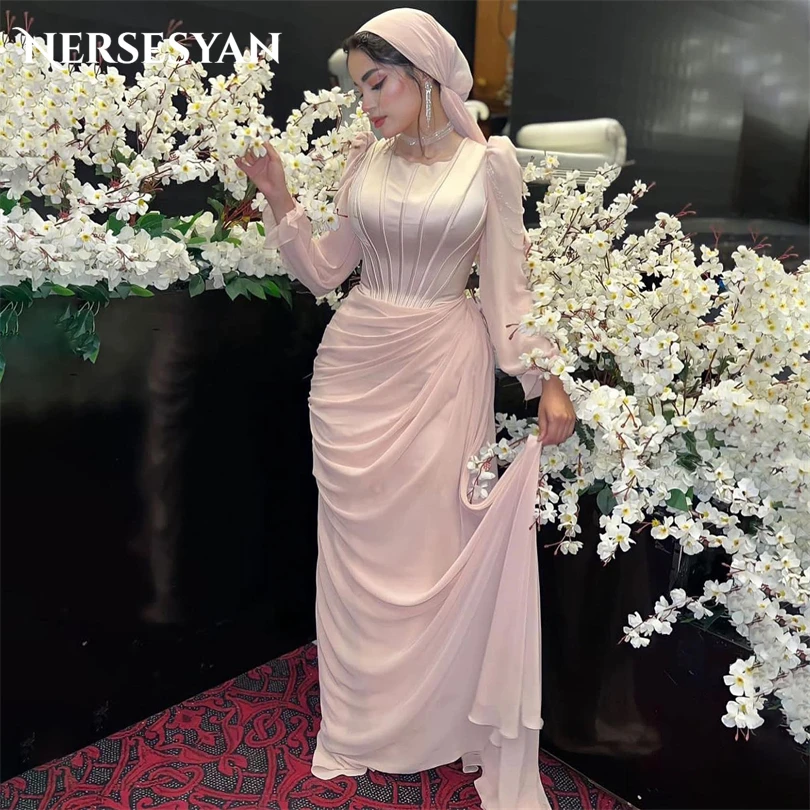 

Nersesyan Vintage Pink Chiffon Formal Evening Dresses Pleated Long Sleeves Party Gowns A Line Draped 2023 Vestidos De Fiesta