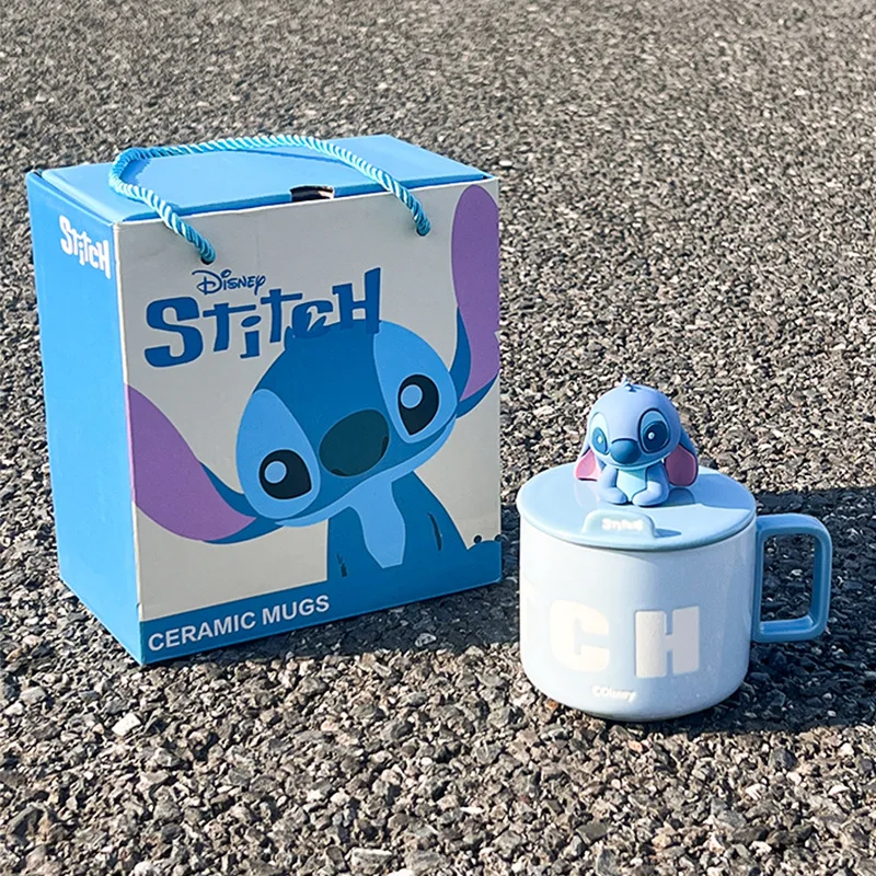 

Disney Stitch Ceramic Water Cup Cartoon Couple Mug with Lid Stitch Angel Multifunctional Mobile Phone Holder Breakfast Milk Cup