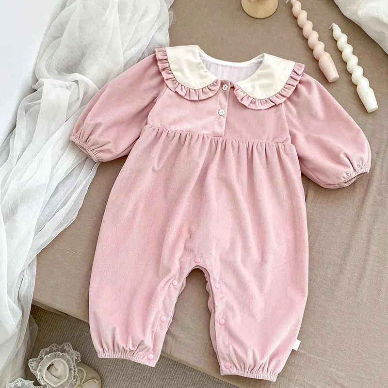 2024 New Autumn 0-24M Baby Girls Clothing Infant Baby Girls Jumpsuit Long Sleeved Corduroy Splicing Newborn Baby Girls Bodysuits