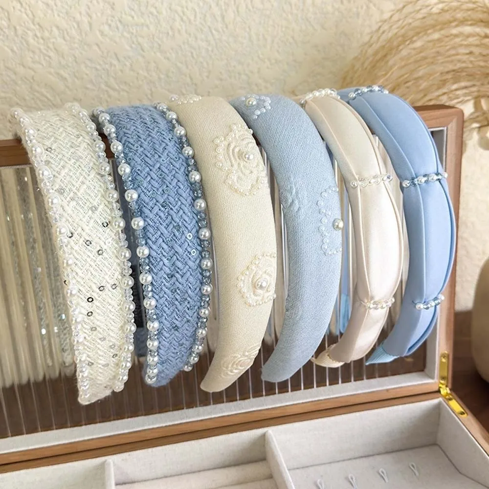 Süße Perlen Stoff Haarreifen Französischer Stil Breite seitliche Perlen Kristall Stirnband Kopfschmuck Rosendruck Beige Blau Haarband Outdoor