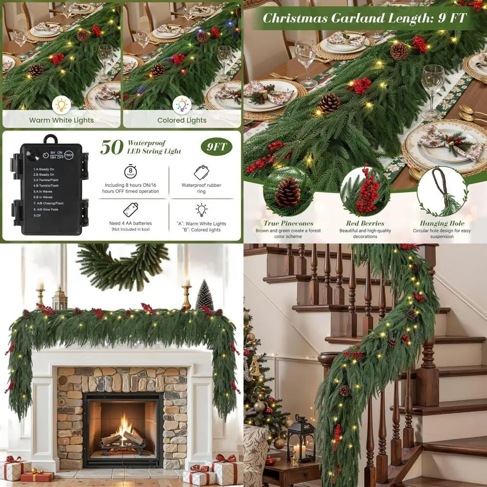 

Реалистичная рождественская гирлянда из зеленой сосны Norfolk на батарейках с подсветкой, 9 футов, для внутреннего праздничного декора на мантии, лестнице, Rai