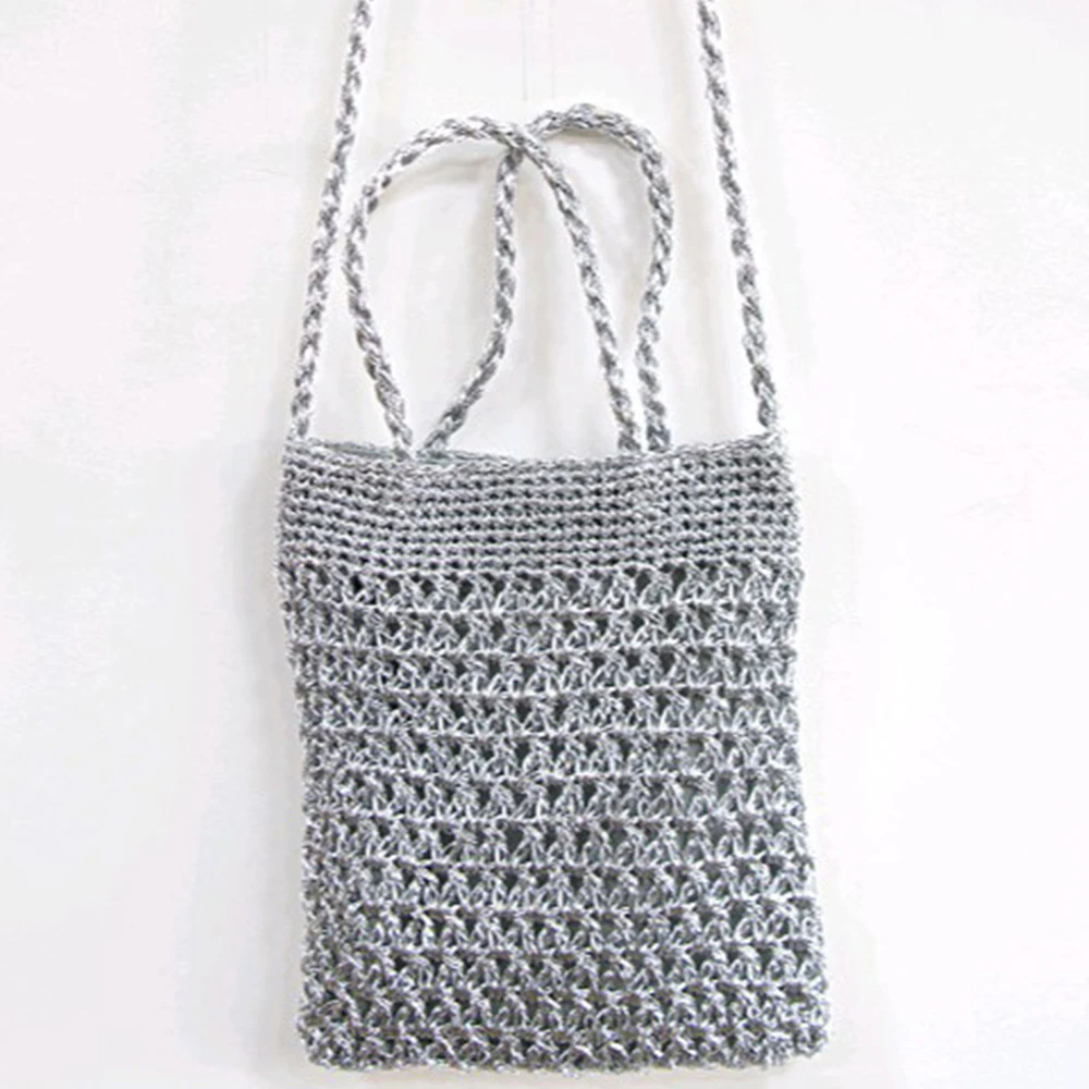 

Модная серебряная сумка-тоут, женские сумки, вязаная крючком сумка на плечо, НОВАЯ вязаная сумка через плечо из металлической пряжи для женщин, кошельки для покупок