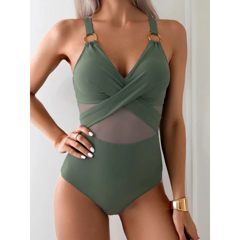 2026 Plain Ruched Mesh Swimsuit Women One Piece Ring Link Swimwear Female Sexy Bathing Swimming Suit Bodysuit Summer Beachwear