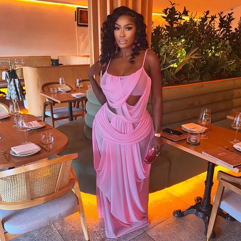

Sexy Mesh Pleated Dress 2 Piece Skirt Sets Outfit 2026 Summer Spring Clothes Elegant Women Crop Tops Two Piece Skirt Set