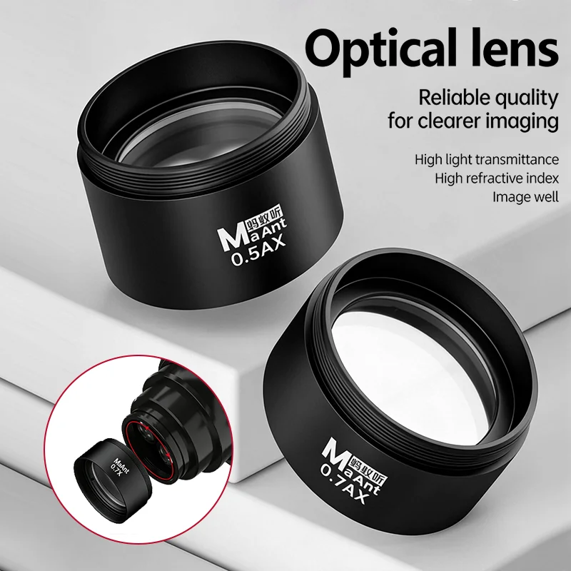 MaAnt 0.5AX 0.7AX Lente Barlow Lente de cámara de microscopio Lente auxiliar asistida de campo súper amplio Imágenes nítidas para microscopio estéreo
