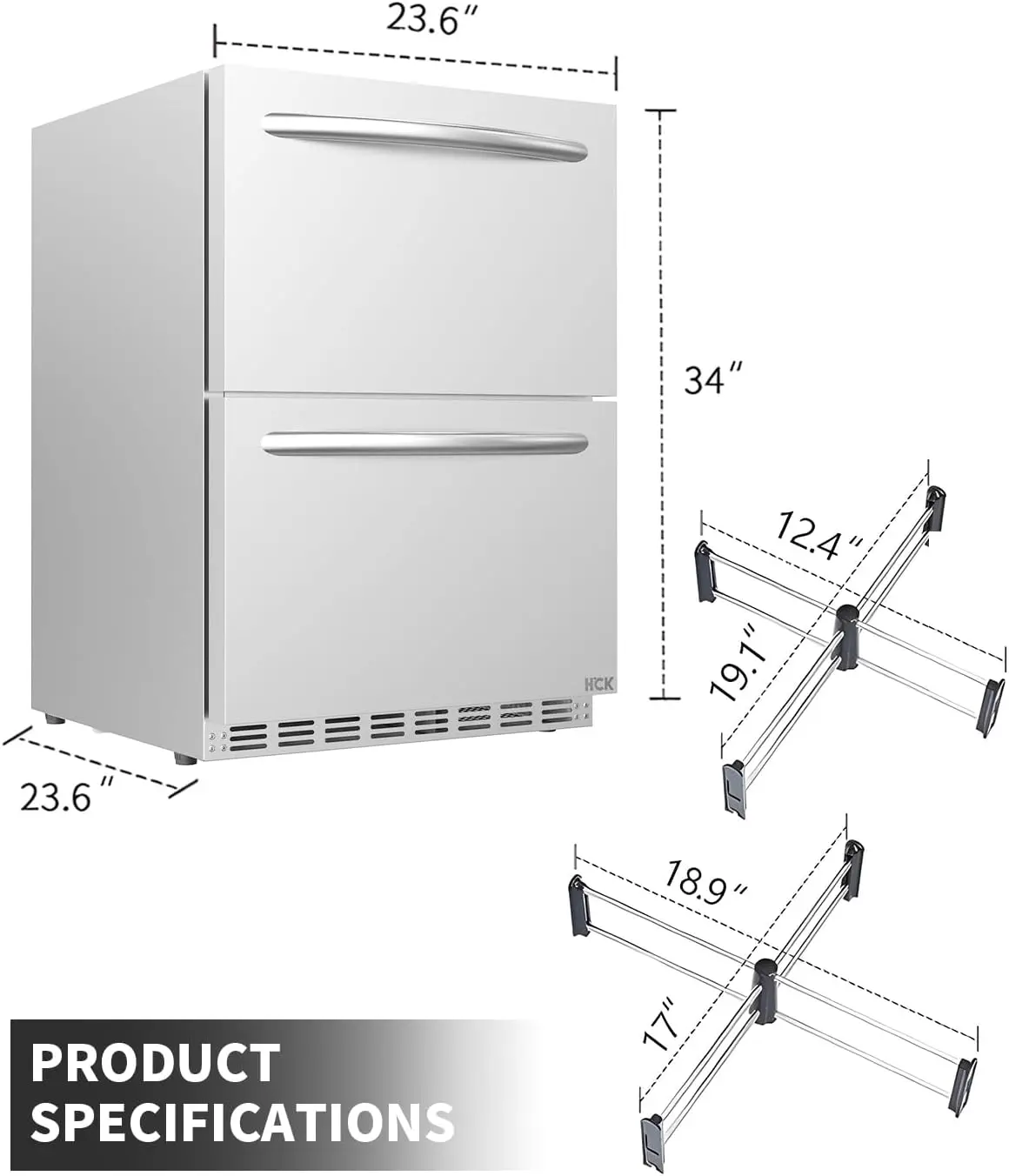 HCK 24 Inch Under Counter Refrigerator, Outdoor Refrigerator with Double Drawer for Patio & Kitchen, Weatherproof Outdoor Fridge