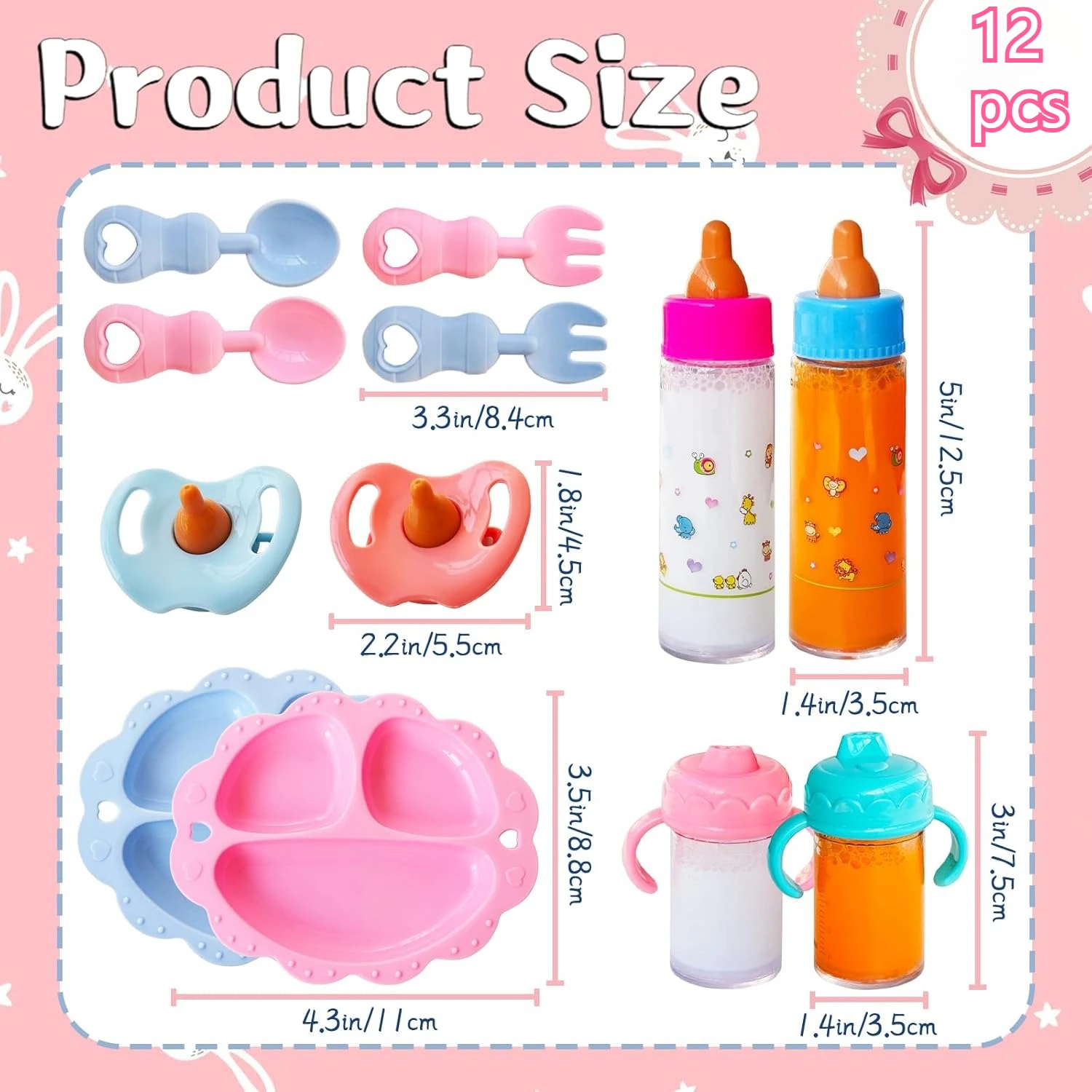 Juego de Imitación de Cuidado de Muñecas para Bebés, Juego de Accesorios para Muñecas con Chupete, Biberones de Leche y Jugo que Desaparecen, Vajilla, Regalo