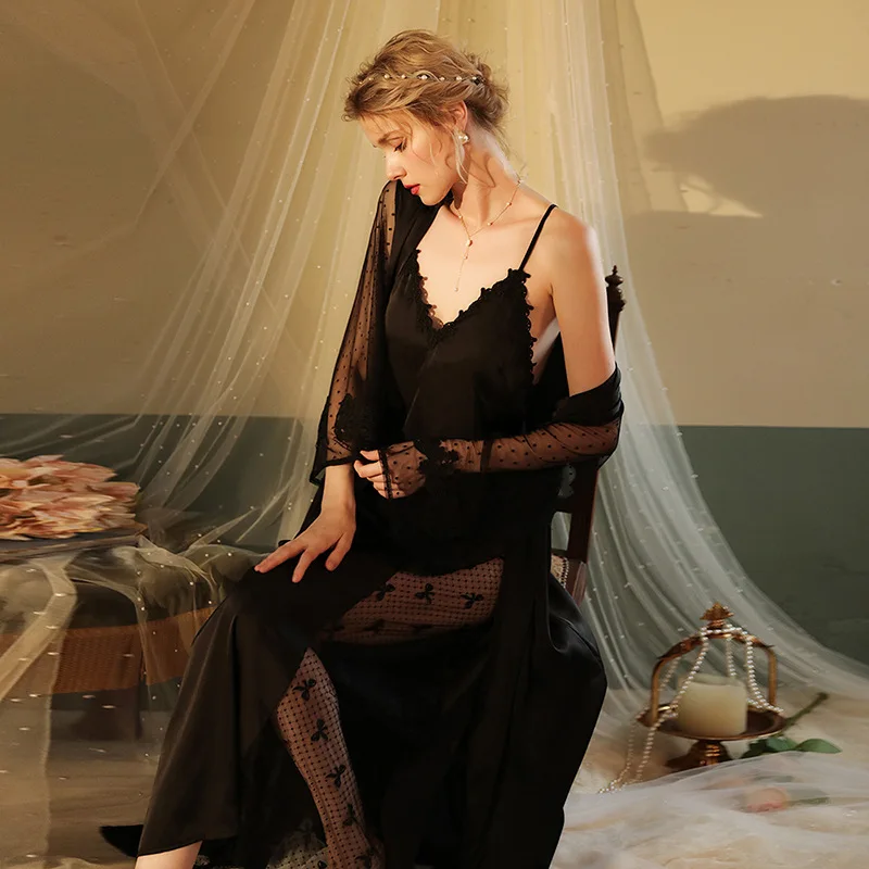 

New sexy bathrobe plus long version of the tempting bathrobe for women, long-sleeved ladies satin nightwear, thin